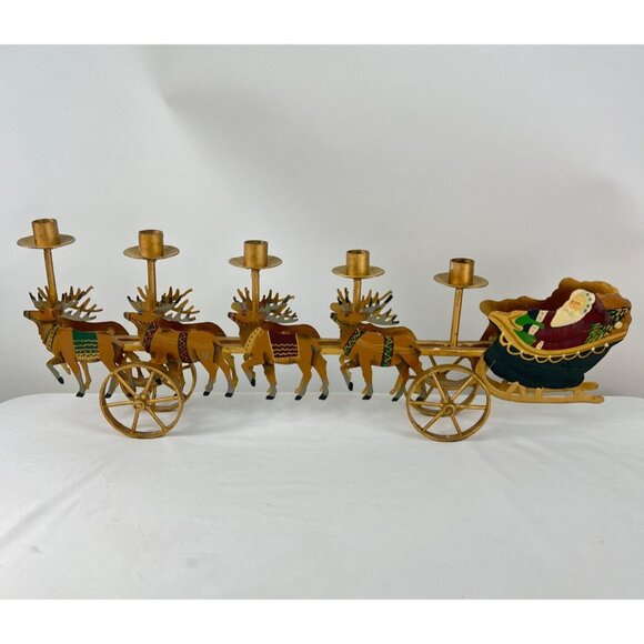VTG Santa Sleigh Reindeer Metal Candle Holder Decor Centerpiece Mantel - Picture 1 of 11